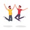 Two students jumping flat vector illustration. Excited, smiling young men, office workers, colleagues, brothers, gay