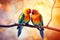 Two stunningly vibrant birds of varying colors sit side by side on a branch, A pair of lovebirds perched on a heart-shaped tree