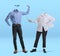 Two stylish invisible people wearing business style outfits and eyeglasses using gadgets on blue background. Concept of