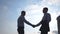 Two successful businessmen meeting in city and greet each other. Young male colleagues shaking hands outdoor. Handshake