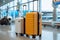 Two suitcases in empty airport hall, Vacation concept, Advertisement banner for air travels and flight bookings