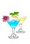 Two Summer martini cocktails blue and yellow