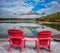 Two sun loungers are on the Piramid Lake