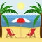 Two sunbeds with sun umbrella on the sandy beach with palm trees