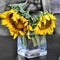 Two sunflowers in glass vase