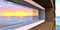 Two suns setting over the sea are reflected in the window of a hotel room on a distant exoplanet. Classic wooden facade. 3d