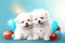 Two super cute and happy white fairy pup babies, charming, fluffy, sweet smile, red love balloon in hand