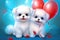 Two super cute and happy white fairy pup babies, charming, fluffy, sweet smile, red love balloon in hand