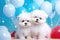 Two super cute and happy white fairy pup babies, charming, fluffy, sweet smile, red love balloon in hand