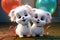 Two super cute and happy white fairy pup babies, charming, fluffy, sweet smile, red love balloon in hand