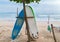 Two surf boards on sandy Weligama beach in Sri Lanka