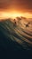 Two surfers riding a wave in the ocean at sunset. Generative AI image.