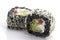 Two sushi with black rice closeup.Sushi rolls with rice and fish on a white plate with reflec