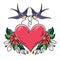 Two swallows carry red heart decorated with flowers. Old school tattoo.