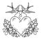 Two swallows carry red heart decorated with flowers. Old school tattoo. Black and white tattoo