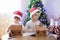 Two sweet boys, brothers, making gingerbread cookies house