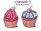 Two sweet cupcakes. Pink creamy, blue cremy, chocolate and cherry. Vector illustration. Cartoon style.