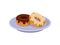 Two sweet donuts with chocolate and vanilla glaze on blue plate. Delicious snack. Food for breakfast. Flat vector icon