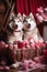 two sweet husky puppies with flowers and hearts. AI Generated