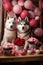 two sweet husky puppies with flowers and hearts. AI Generated