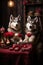 two sweet husky puppies with flowers and hearts. AI Generated