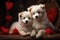 two sweet puppies with flowers and hearts. AI Generated