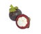 Two sweet Purple Mangosteens fruits, a part of half fruit peeled, dicut on white background