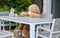 Two sweet Teddy Bears sitting at the table outdoor having tea with cookies. Friendship of opposites.