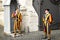 Two swiss guards in traditional uniform on duty at a vatican gate