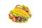 Two taco shells with lettuce, ground beef meat,  mashed avocado, tomato, red onion and jalapeno pepper, isolated on white, closeup