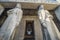 Two tall Montenegrin statues standing either side of the entrance to the Mausoleum of Njegos,Lovcen Mountain and National Park,