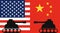 Two tank facing each other with background of China flag and United states flag