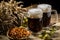 Two tankard beer with wheat and hops , basket of pretzels