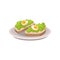 Two tasty sandwiches with guacamole and boiled eggs on plate. Cartoon icon of delicious breakfast. Flat vector for cafe