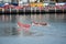 The two teams of Dragon Boat Races event at Cockle bay, Darling Harbour.