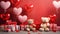 Two teddy bears sit together near gift packages. Heart balloons. Valentine's Day concept. Generative AI