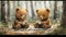 Two teddy bears sitting in the autumn forest and drinking coffee. Generative AI