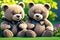 Two teddy bears sitting in a beautiful garden, both wearing black bow-ties. Generative AI
