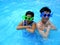 Two teenage boys wearing sunglasses with the word cool for its frame in a swimming pool