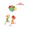 Two teenage girl friends running together with balloons and kite