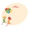 Two teenage girl friends running together with balloons and kite