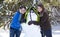 Two teenage girls with snowman