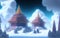 Two temples on winter fantasy planet somewhere in the universe.Generative Al Illustration