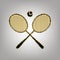 Two tennis racket with ball sign. Vector. Blackish icon with golden stars at grayish background.. Illustration.