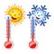 Two thermometers, the sun and snowflake.