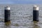 Two thick metal poles between the waters of the sea with the horizon above Ä²sselmeer in the background
