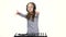 Two thumbs up shows girl teenager dj playing on vinyl