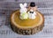 Two-tier fondant wedding lace cake with bear and bunny