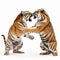 Two tigers with terrible fangs fight each other on a white background close-up, duel of two tigers