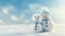 Two tiny knitted snowmen in winter landscape against blue bokeh background